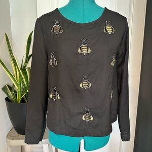 Embellished bee blouse long sleeve black top size 8